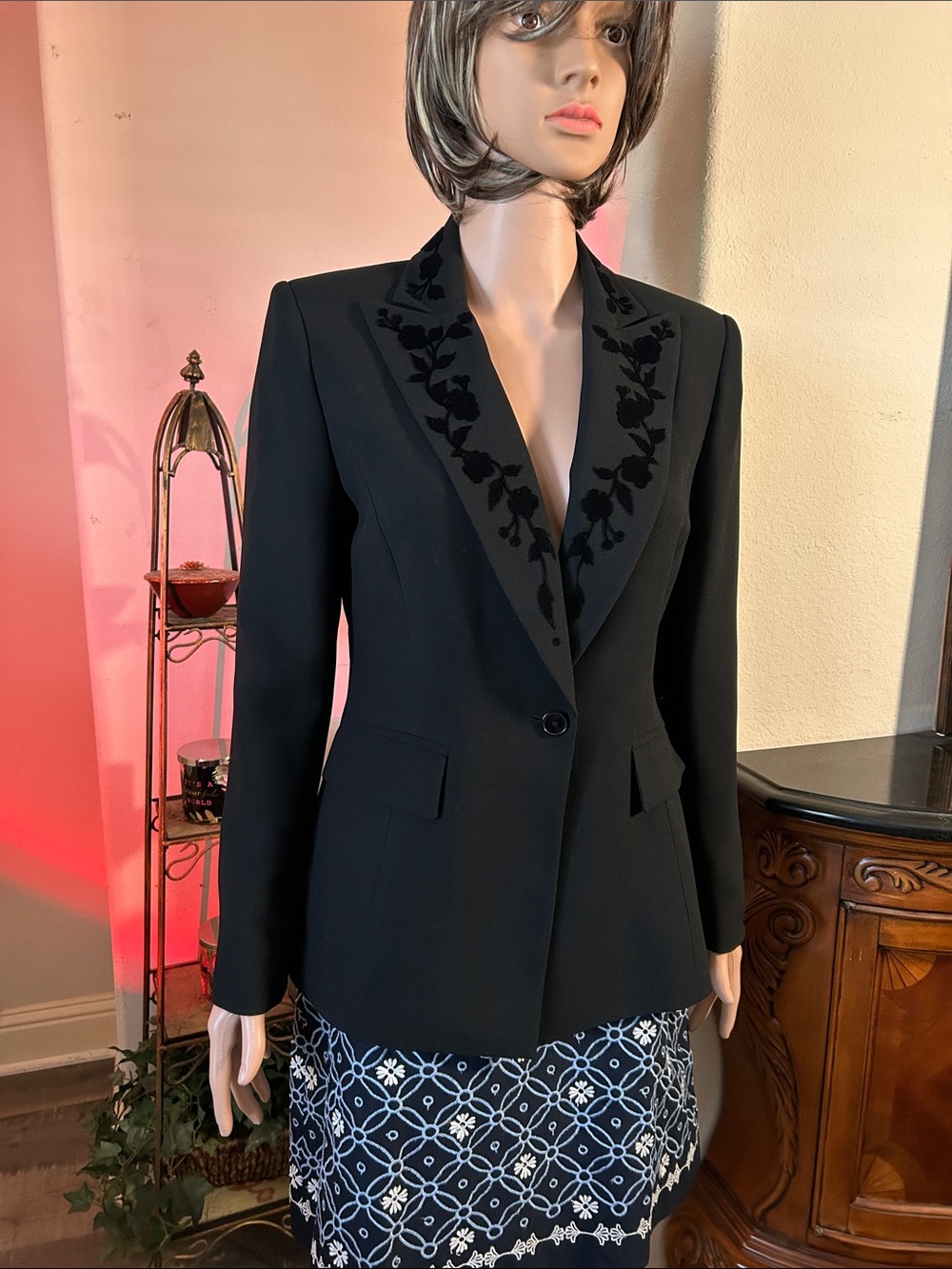 Kasper Black Embroidered Lapel Blazer